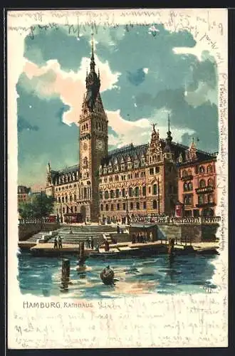 Lithographie Hamburg, Rathhaus mit Flusspartie