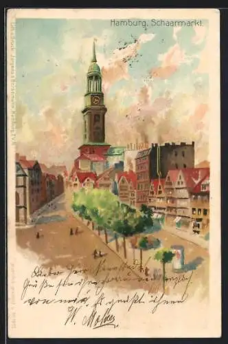 Lithographie Hamburg-Neustadt, Blick vom Schaarmarkt zur Michaeliskirche