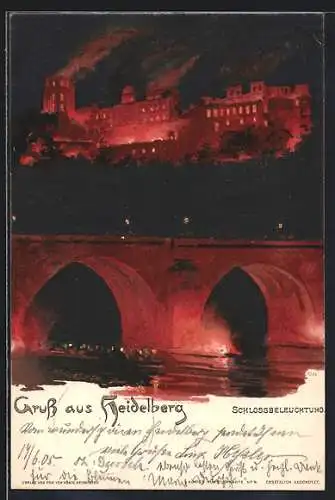 Künstler-AK Heinrich Kley: Heidelberg, Schlossbeleuchtung mit rotem Licht