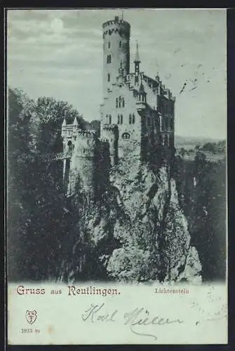 Mondschein-AK Honau / Reutlingen, Schloss Lichtenstein mit Blick ins Tal