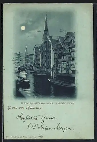 Mondschein-AK Hamburg, Deichstrassenfleth von der Hohen Brücke gesehen