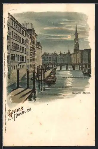 Lithographie Alt-Hamburg, Partie an der Reimers-Brücke