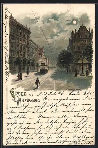 Lithographie Hamburg-St.Georg, Strassenbahn auf dem Steindamm