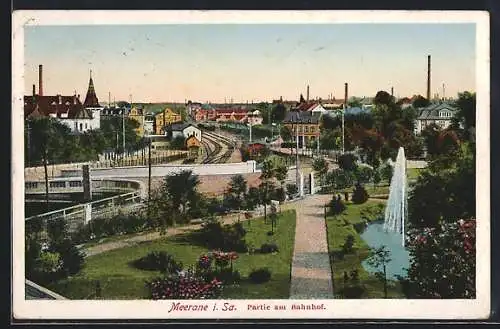 AK Meerane, Partie am Bahnhof, Springbrunnen