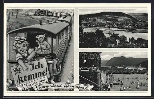 AK Bad Hönningen, Zug mit kleinem Mädchen u. Hund, Gesamtansicht, Strandpartie