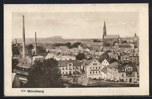 AK Münchberg / Obfr., Teilansicht mit Fabrik und Kirche aus der Vogelschau