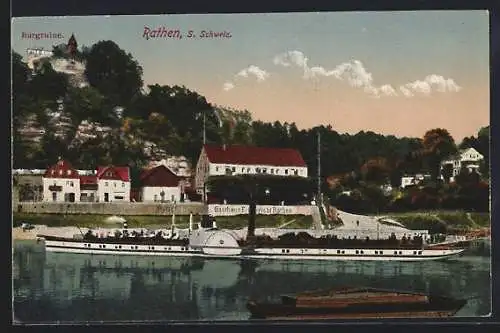 AK Rathen /S. Schweiz, Uferpartie mit Gasthaus Erbgericht Rathen und Dampfer