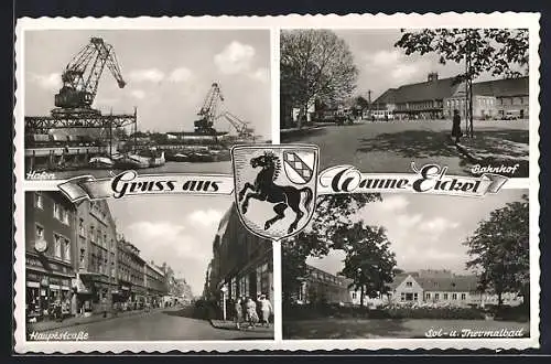 AK Wanne-Eickel, Hauptstrasse mit Geschäften, Bahnhof, Hafen