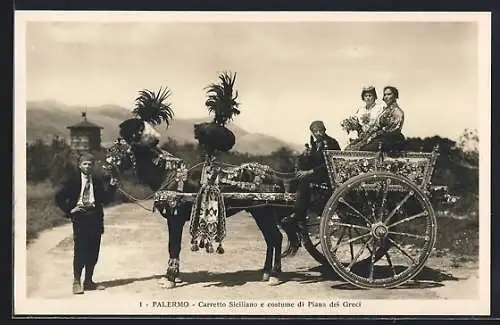 AK Palermo, Carretto Siciliano e costume di Piana dei Greci, Sizilianischer Karren