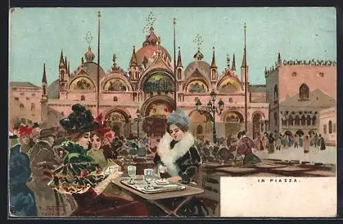 Lithographie Venezia, In Piazza, Frauen im Strassencafé