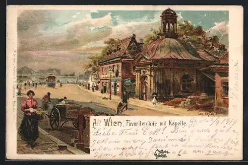 Lithographie Alt-Wien, Favoritenlinie mit Kapelle