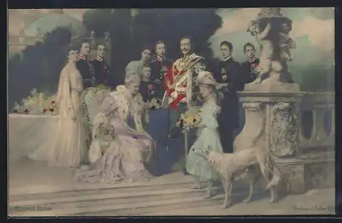 AK Kaiser Wilhelm II. von Preussen mit Familie und Windhund