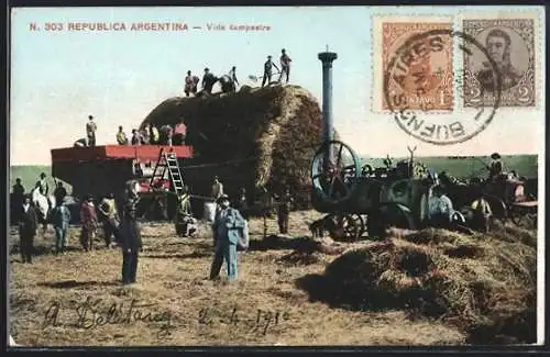 AK Republica Argentina, Vida campestre, Heuernte mit Hilfe eines Lokomobils