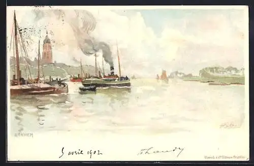 Künstler-Lithographie Henri Cassiers: Arnhem, Hafenpartie mit Dampf- und Segelbooten