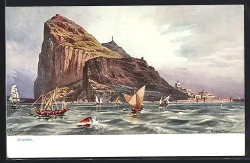 Künstler-Lithographie Friedrich Perlberg: Gibraltar, Felsen und Boote