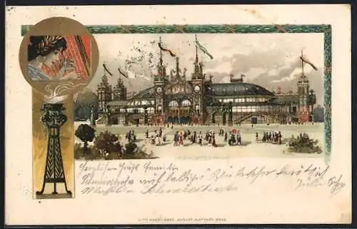 Lithographie Österreich, die festlich geschmückte Sängerfest-Halle, Harfenspielerin und eine ewige Flamme