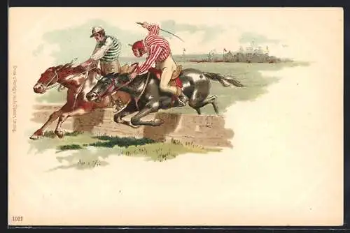 AK Pferdesport, Zwei Reiter beim Überspringen eines Hindernisses