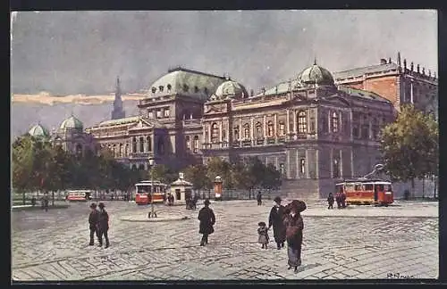 Künstler-AK Wien, Strassenbahnen bei der Universität