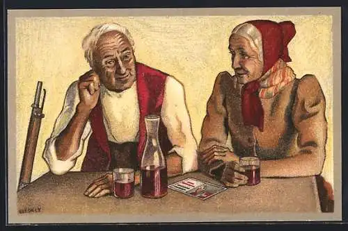 Künstler-AK Schweizer Schützenverein 1824-1924, Mann u. Frau sitzen am Tisch u. trinken