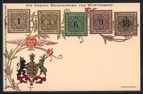 AK die ersten Briefmarken von Württemberg, Wappen