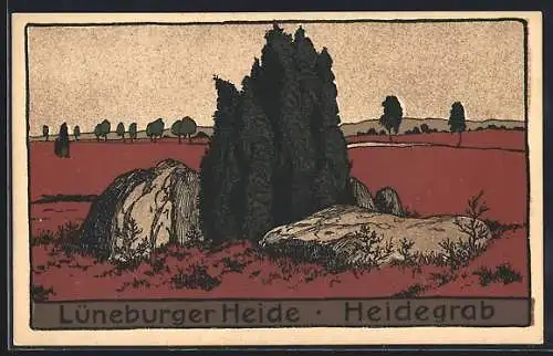 Steindruck-AK ein Heidegrab in der Lüneburger Heide