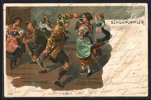 Lithographie Volkstanz Schuhplattler