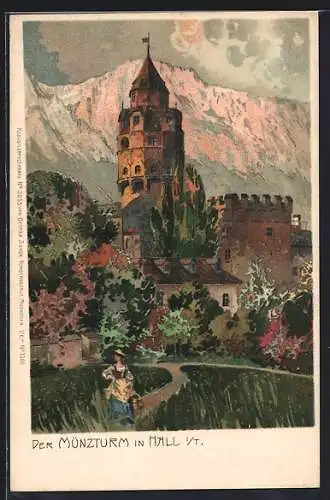 Künstler-Lithographie Carl Schmidt: Hall in Tirol, der Münzturm