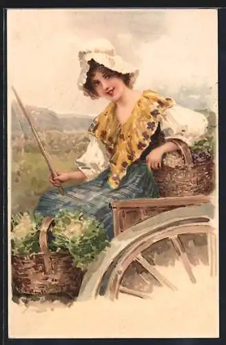 Lithographie Junge Frau in Tracht auf einem Kutschbock, Jugendstil