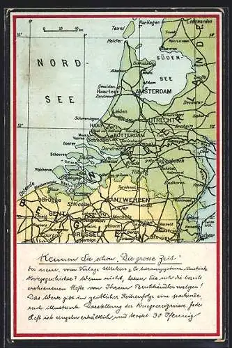 AK Reklame f. Illustrierte Kriegsgeschichte vom Verlag Ullstein, Landkarte Belgien Niederlande