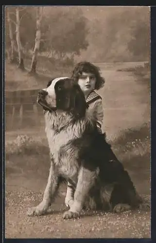 Künstler-AK Kleiner Junge mit grossem Bernhardiner - Geburtstagsgruss