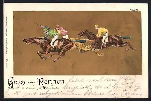 AK Pferderennen-Szene auf goldenem Untergrund