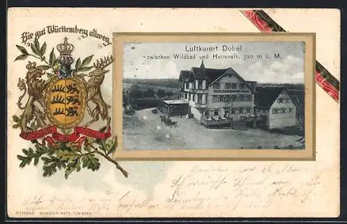 Passepartout-Lithographie Dobel / Schwarzwald, Hotel Sonne von J. Kramer, dazu geprägtes Wappen