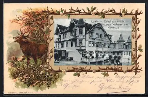 Passepartout-Lithographie Dobel / Schwarzwald, Hotel Sonne v. J. Kramer, Rahmen mit röhrendem Rothirsch