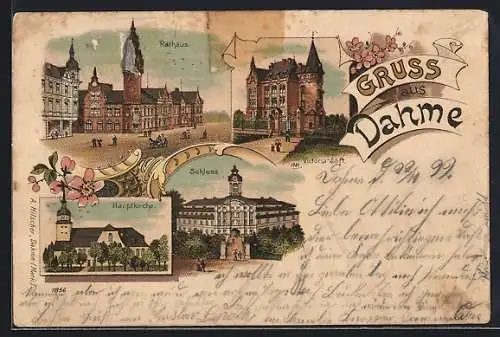 Lithographie Dahme / Mark, Victoria-Stift, Partie am Rathaus, Schloss, Blumen