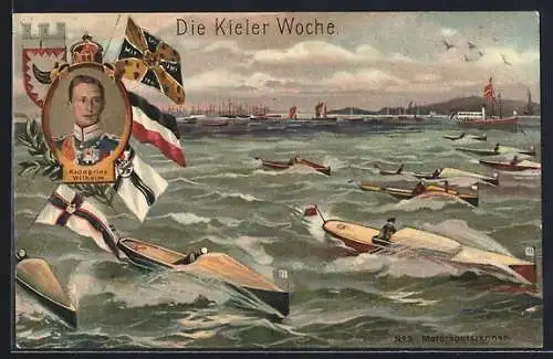 Künstler-AK Kiel, Die Kieler Woche, Motorbootsrennen, Portrait Kronprinz Wilhelm von Preussen