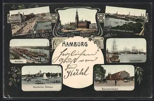 Mikroskop-AK Hamburg, Uhlenhorster Fährhaus, Dammthorbahnhof und Segelschiffhafen