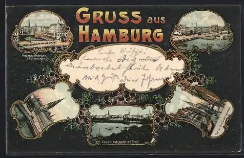 Mikroskop-AK Hamburg, Reesendammbrücke, Fleet b. d. Gröningerstrasse und Lombardsbrücke