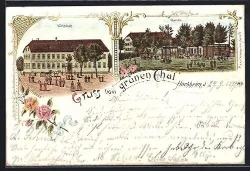 Lithographie Hochheim / Erfurt, Wirtschaft im grünen Thal, Aussenansicht und Garten