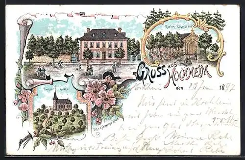 Lithographie Hochheim / Erfurt, Evangl. Kirche, Garten-Restaurant und Gasthaus Hochheimer Schlösschen