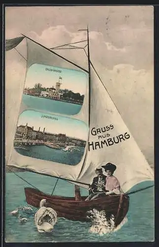 AK Hamburg, Uhlenhorster und Jungfernstieg, Rahmen mit segelndem Paar