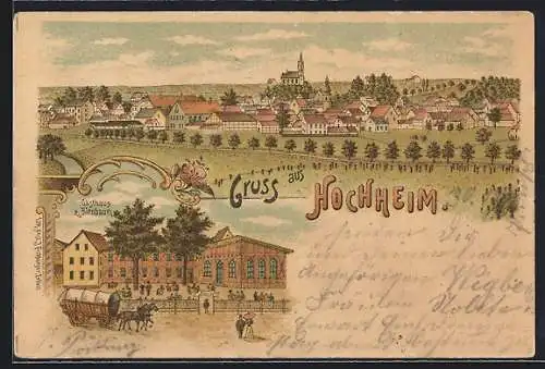 Lithographie Hochheim / Erfurt, Gasthaus zum Birnbaum und Panorama