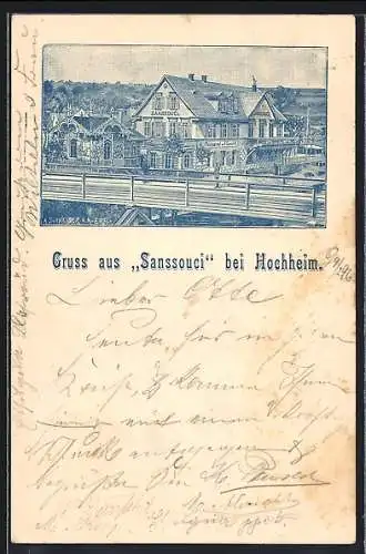 Lithographie Hochheim / Erfurt, Restaurant Sanssouci von F. Schmidt