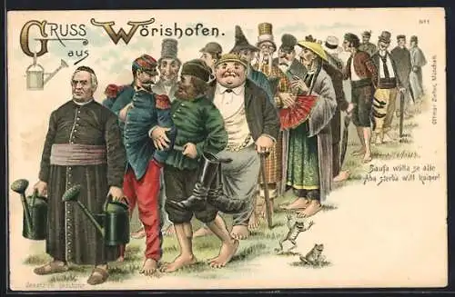 Lithographie Bad Wörishofen, Barfusslaufen, Wassersaufen, Malzkaffee, O, jemme