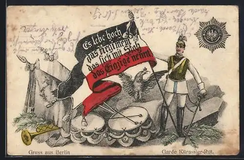 AK Garde Kürassier-Rgt., Soldat mit Wappen und Flagge