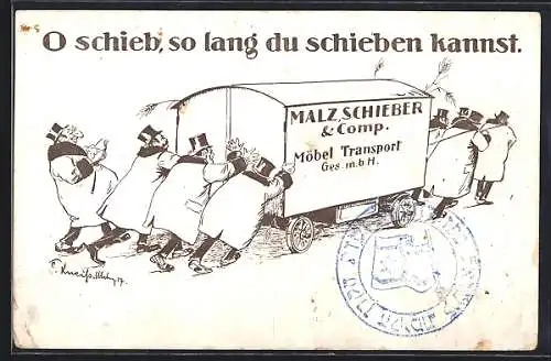 AK Jude lässt Männer den Wagen der Möbel Transport GmbH Malz, Schieber & Comp. schieben