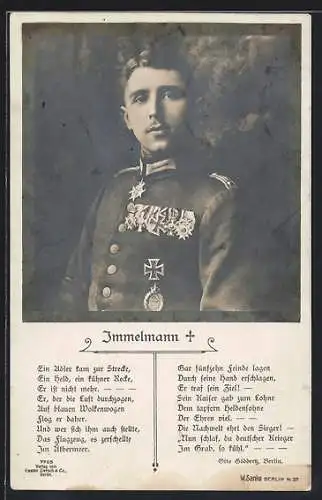 Foto-AK Sanke Nr. 7705: Fliegerheld Immelmann in Uniform mit Orden