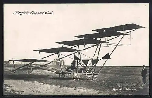 Foto-AK Sanke Nr.: Berlin-Johannisthal, Merx-Fünfdecker auf Flugfeld