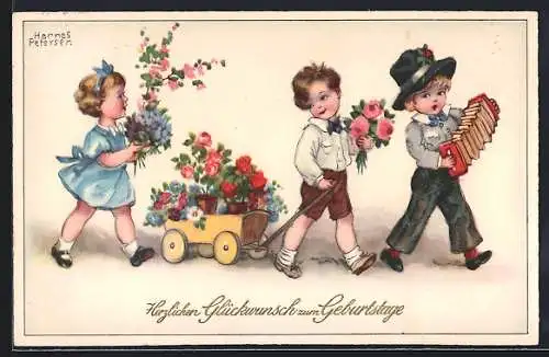 Künstler-AK Hannes Petersen: Kinder mit Blumenwagen und Ziehharmonika, Geburtstagsgruss