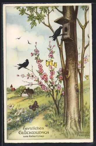 Künstler-AK Hannes Petersen: Vögel am Vogelhaus und Schmetterling, Geburtstagsgruss