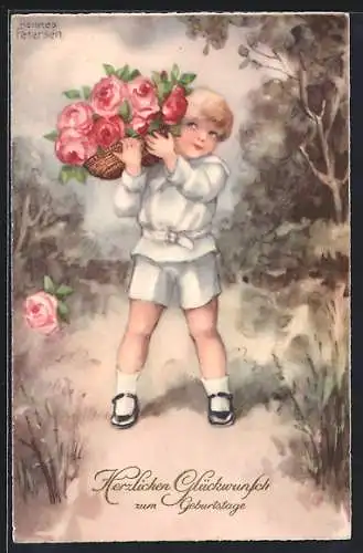 Künstler-AK Hannes Petersen: Kleiner Junge mit Blumenkorb, Geburtstagsgruss